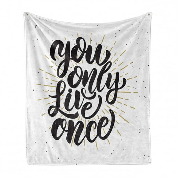 YOLO Soft Flannel Fleece Throw Blanket, Hand Drawn Words with Grunge Stripes Dots Backdrop Typography, Cozy Plush for Indoor and Outdoor Use, 60" x 80", Black White and Yellow, by Ambesonne