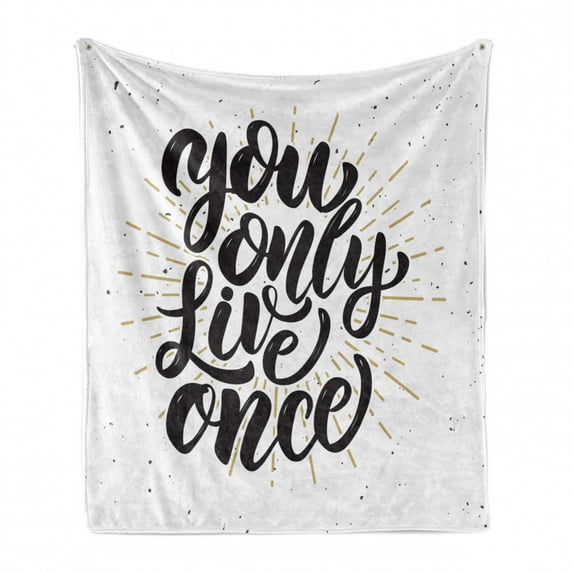 YOLO Soft Flannel Fleece Throw Blanket, Hand Drawn Words with Grunge Stripes Dots Backdrop Typography, Cozy Plush for Indoor and Outdoor Use, 50" x 70", Black White and Yellow, by Ambesonne