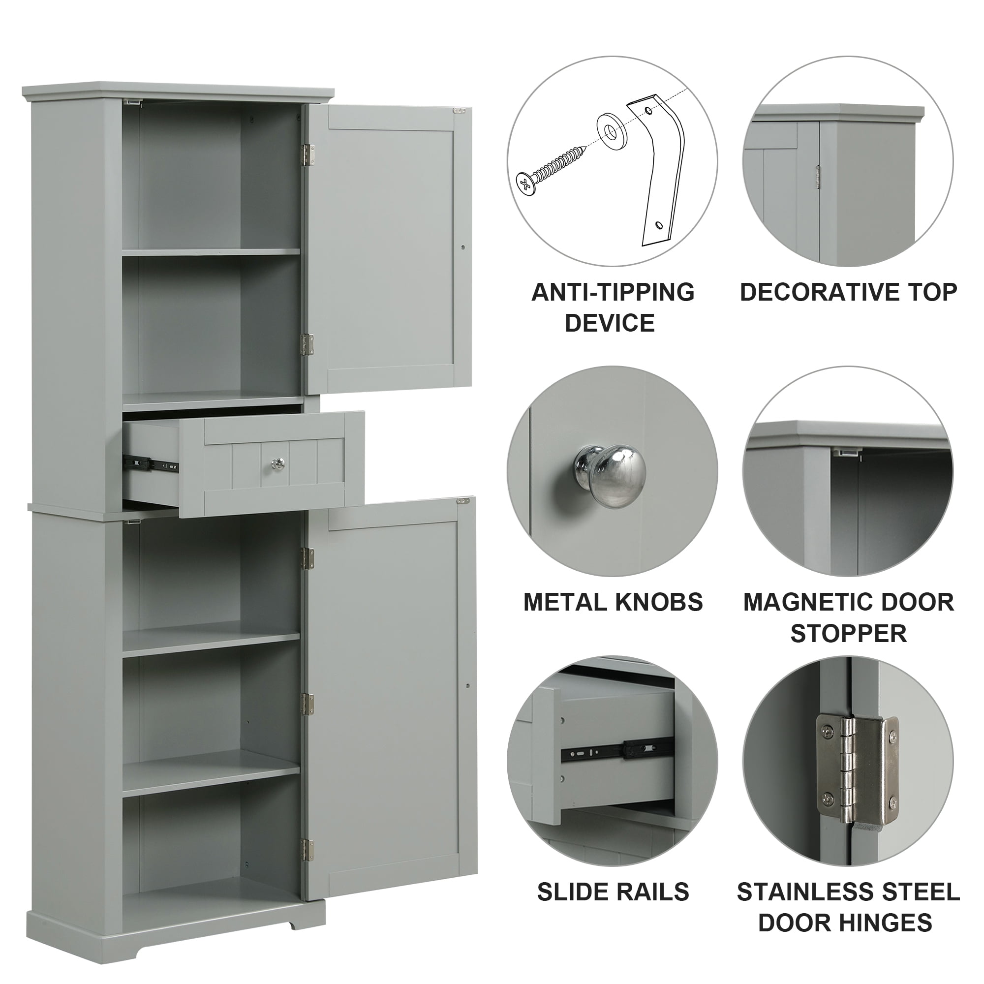 Tall Bathroom Storage Cabinet with Drawer and Adjustable Shelf, MDF, Grey