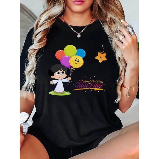 Camiseta de Verano para Mujer Women's Casual Crew Neck T-Shirt with Cartoon Balloon Print, Polyester 95% Spandex 5%, Medium Stretch Knit Fabric, Geometric Pattern, All-Season Fashion Top, Comfortabl