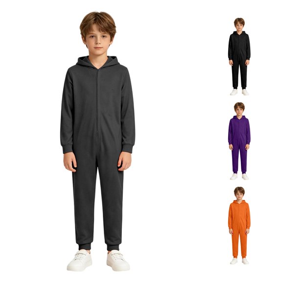 WAYUTE Girl's Halloween Long Sleeve Zip Up Hooded Jumpsuits Solid Color Soft Breathable Straight Leg Romper for Toddler Kids Festival Party,Grey,Size 5 Y-6 Y