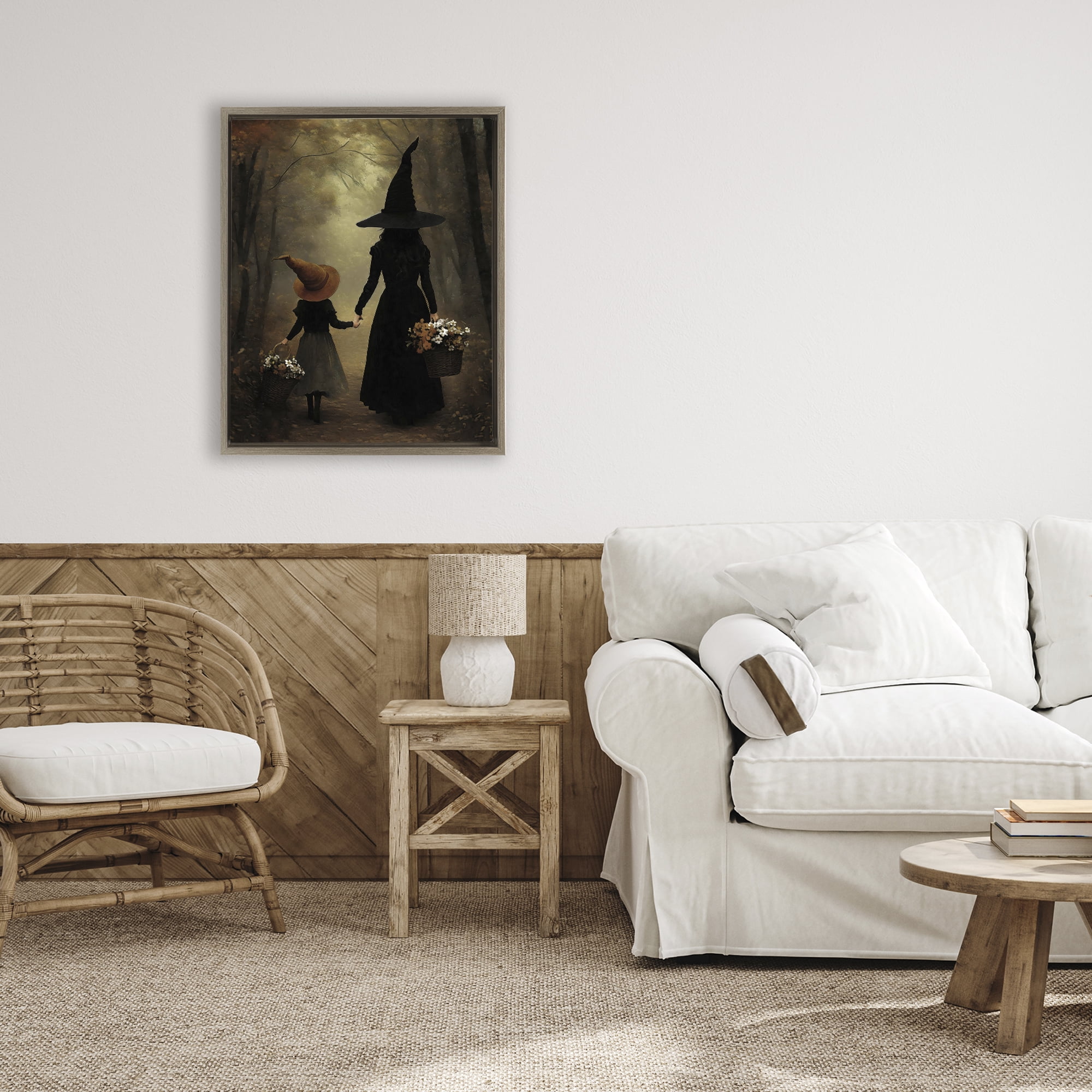 Witch & Daughter Mystical Forest Brown Framed Floater Canvas Wall Art, design by Arlington Prints