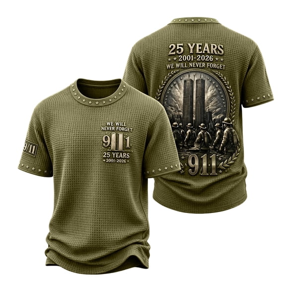 GIPQJK 9/11 We Will Never Forget 25th Anniversary T Shirts for Unisex American Flag Waffle Knit Shirts Crewneck Short Sleeve Tshirts We Will Never Forget 911 Memorial Tee,Camouflage Green L