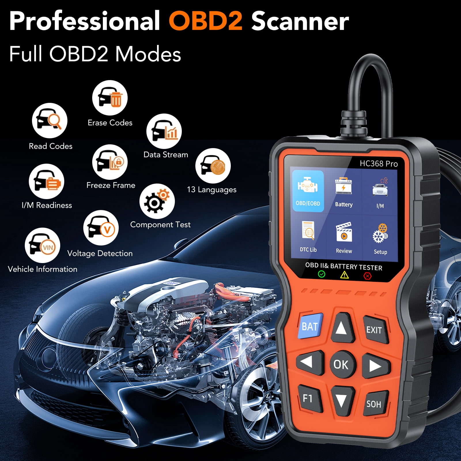 OBD2 Scanner Diagnostic Tool, Car Check Engine Code Reader with Battery Level & Life Test, Mode 6/8 & I/M Readiness for Smog Check, Full System Auto Diagnostic Scan Tool for All OBDII Cars 1996+