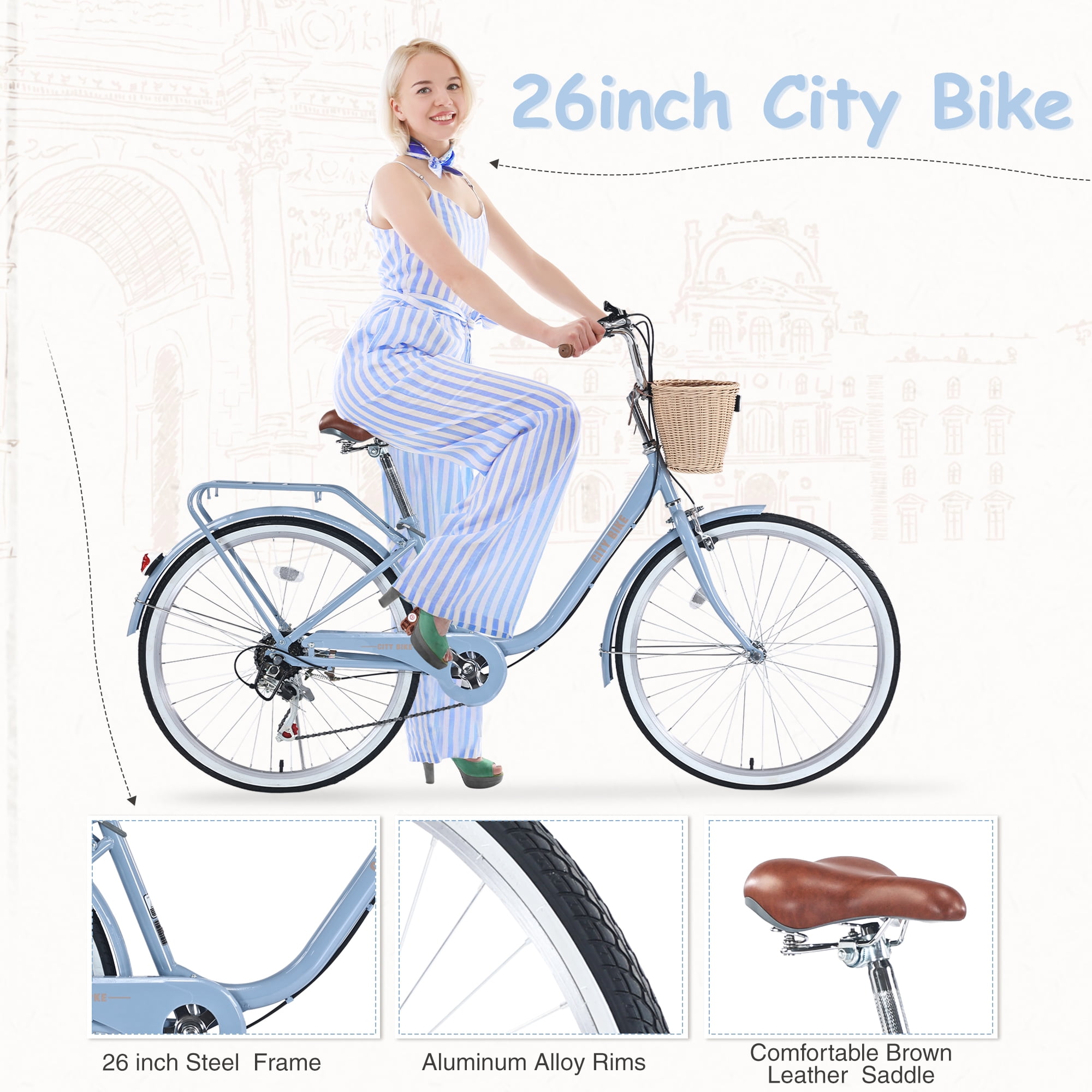 Aukfa Cruiser Bike, Hybrid Bikes with Basket for Women Adult,Blue