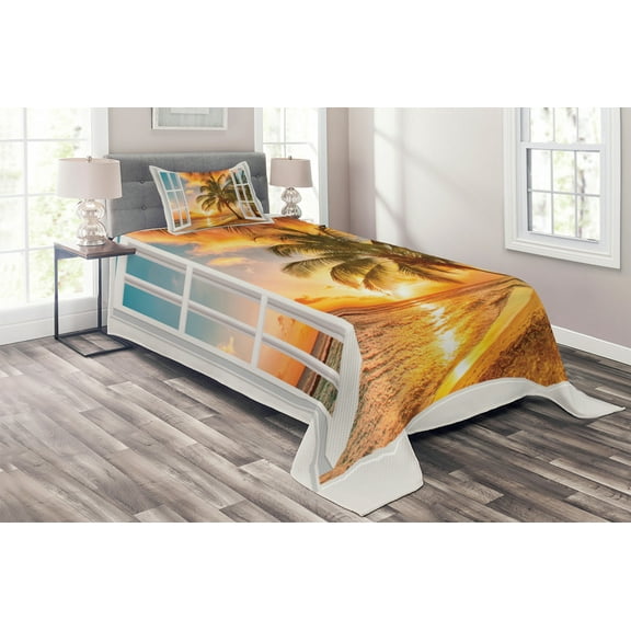 Ambesonne Beach Quilted Coverlet 2 Pcs, Sea Ocean Palms Scenery, Twin Size, Multicolor