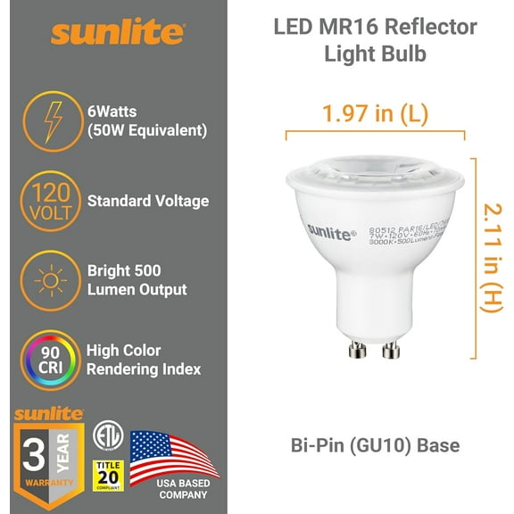 Sunlite LED MR16 7W 500lm 3000K GU10 Base, 90 CRI, Dimmable, 120V, 6pk – 50W Eq, ETL, Title-20 Listed