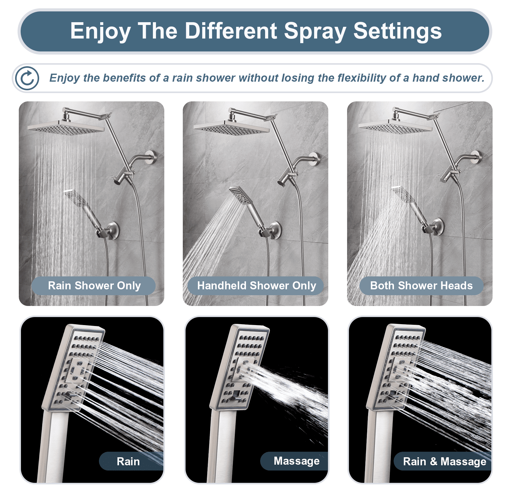 Bright Showers High Pressure Rain Shower Head Combo with Double Extension Arm, 8 Inch Rainfall Shower Head with Handheld Spray, Height Adjustable Dual Square Showerhead Set, Brushed Nickel