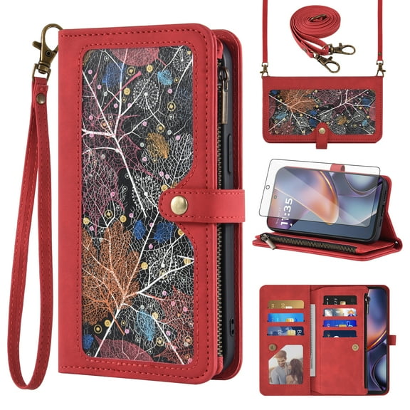 Asuwish Phone Case for Motorola Moto G 5G 2025 Wallet Cover With Tempered Glass Screen Protector Crossbody Wrist Strap Flip Pattern Zipper Credit Card Holder Stand Slot Cell G5G 5 G G5 Women Men Red