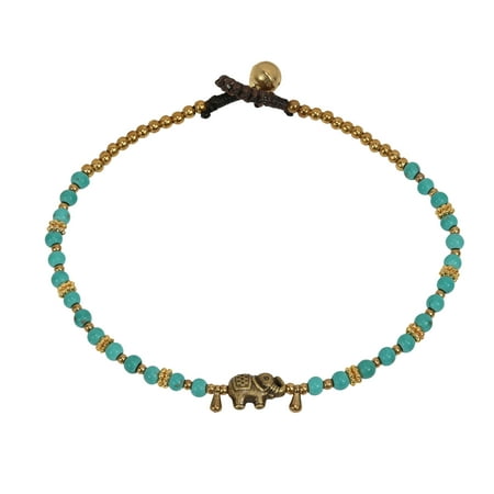 - Beautiful Brass Elephant Charm & Simulated Turquoise Beads Jingle Bell Link Anklet