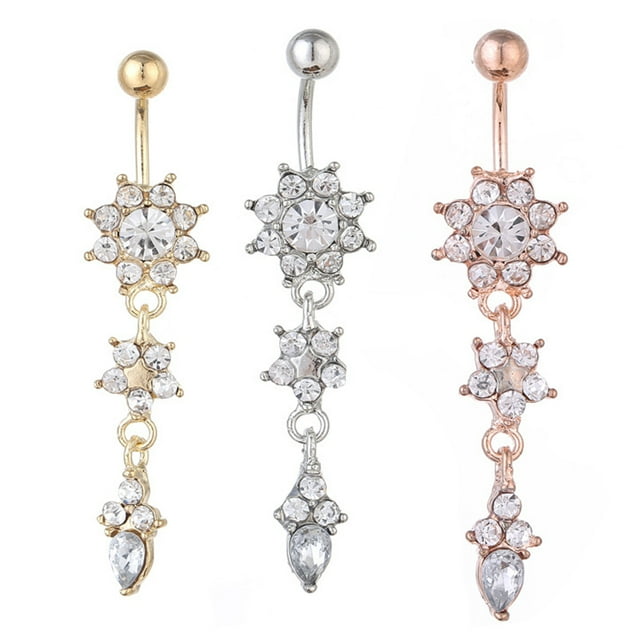 Floral Rhinestone Dangle Navel Ring Women Belly Button Body Piercing Jewelry
