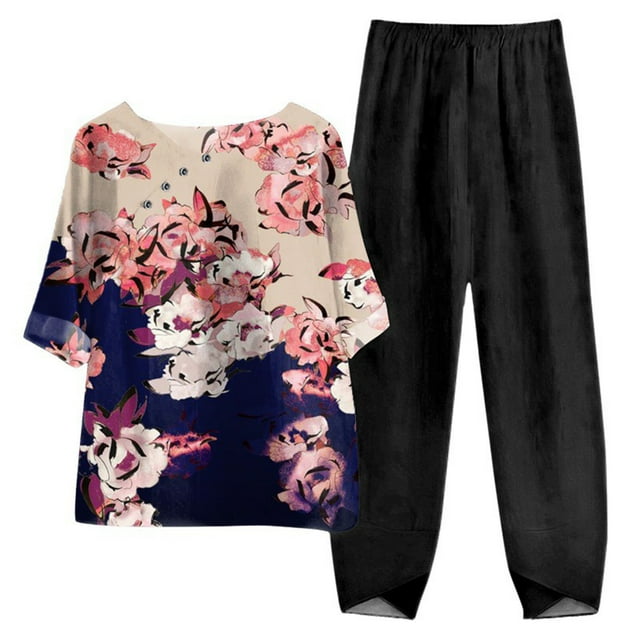 Mikilon Ensemble Élégant pour Femmes 2 Pcs Coton Lin Imprimé Manches Cinq-Quarts Col Rond + Pantalon Décontracté Rose-B 2TG