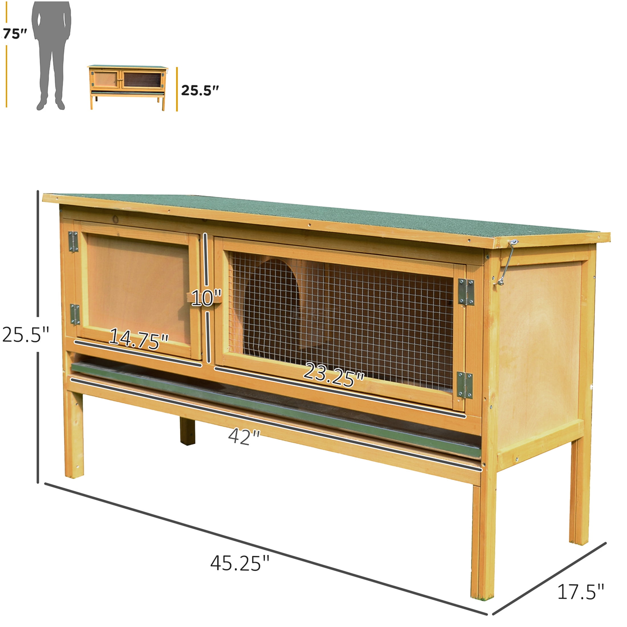 JERFIT Elevated Outdoor Rabbit Hutch with Waterproof Roof, Pull-Out Tray & Ventilated Design, Wooden Bunny Cage for Indoor/Outdoor Use, Yellow