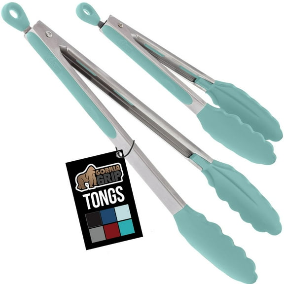 GORILLA GRIP Set of 2 Stainless Steel Heat-Resistant Kitchen Tongs, 7 and 12 Inch, Mint