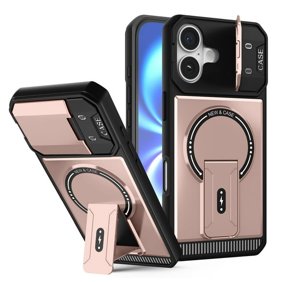 Dteck Magnetic Case for iPhone 17,Shockproof TPU PC Case with Lens Cover Compatible with Mag Safe Invisible Bracket Kicktand Cover,Rosegold
