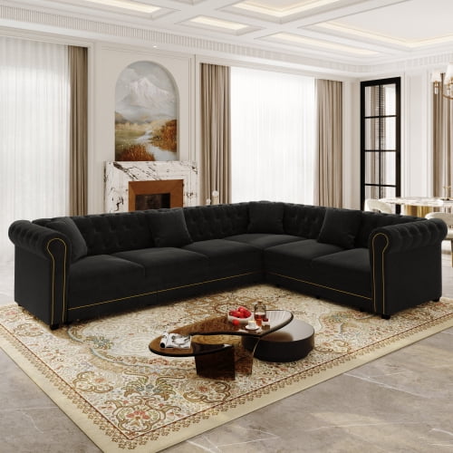 115.3" L-Shaped Velvet Sofa Bed, Button Tufted Pull-Out Sleeper, Gold Trim Rolled Arms, Black