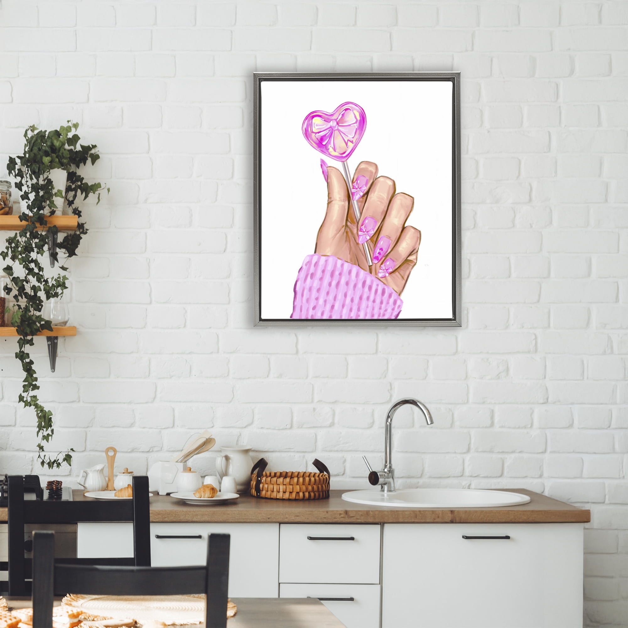 Pink Fashion Bow Lollipop Gray Framed Floater Canvas Wall Art, design by Ziwei Li
