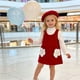 thumbnail image 1 of Conjuntos de blusas y camisas de cuello redondo y manga larga para niñas y niños, moda infantil, cuello alto, manga larga, falda con tirantes y boina con flores, conjunto de poliéster para niña de las, 1 of 7