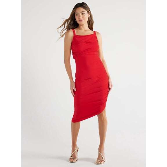 Women's Asymmetric Gathered Dress, Knee Length, Size XL Red