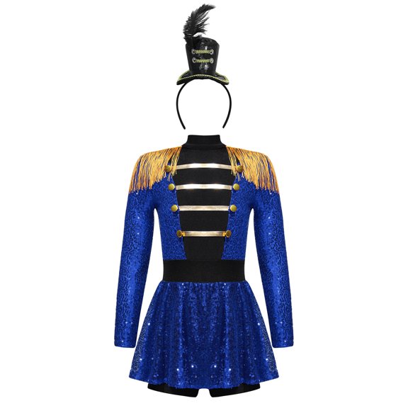TiaoBug Kids Girls Sparkly Sequins Long Sleeve Tassels Gymnastics Leotard Dress with Hat Set for Stage Show Blue 12
