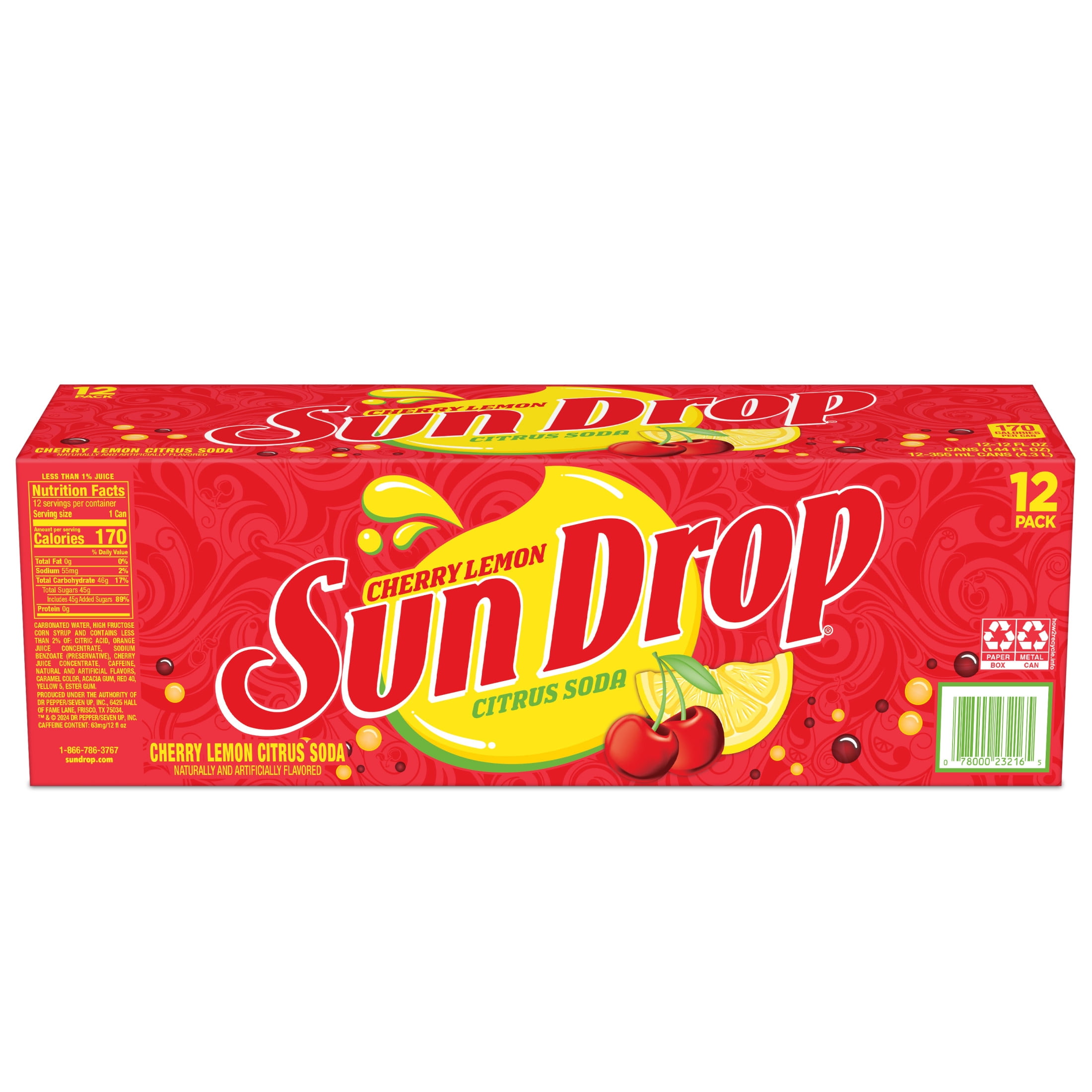 Sun Drop Cherry Lemon Citrus Soda Pop, 12 fl oz, 12 Pack Cans