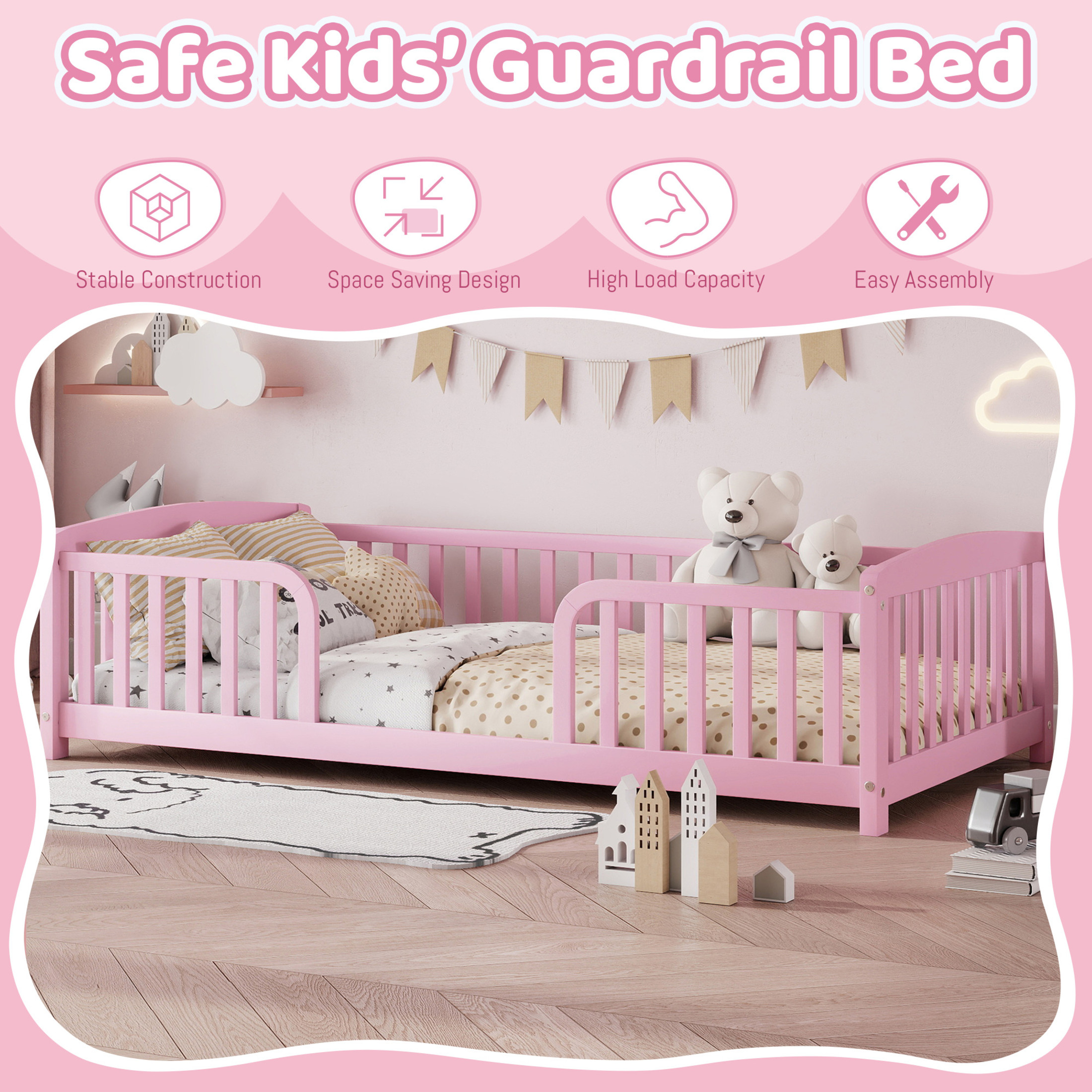 Noble House Norva Twin Size Floor Bed with Central Curved Entrance Guardrails, Pine Wood Bed Frame, Pink