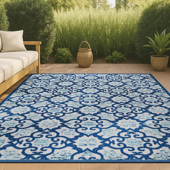 JONATHAN Y AMALFI COAST 5 x 8 Area Rug, Gallia Tile Trellis - Light Gray/Blue, AMC107B-5