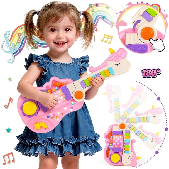 HopeRock Toddler Guitar/Foldable Piano Toys, Pink Musical Toy with LED Lights for Toddlers Ages 3-6, Instrument Toys Christmas Birthday Gift for Little Girls.