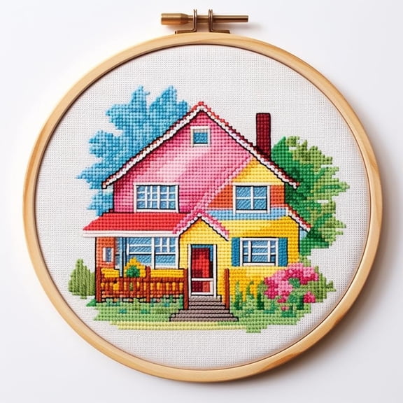 Colorful House DIY Stamped Cross Stitch Kits for Beginners Easy with Hoop 11CT Needlepoint Embroidery Counted Cross Stitch Kits Art Craft Wall Decoration 35x35cm(2)