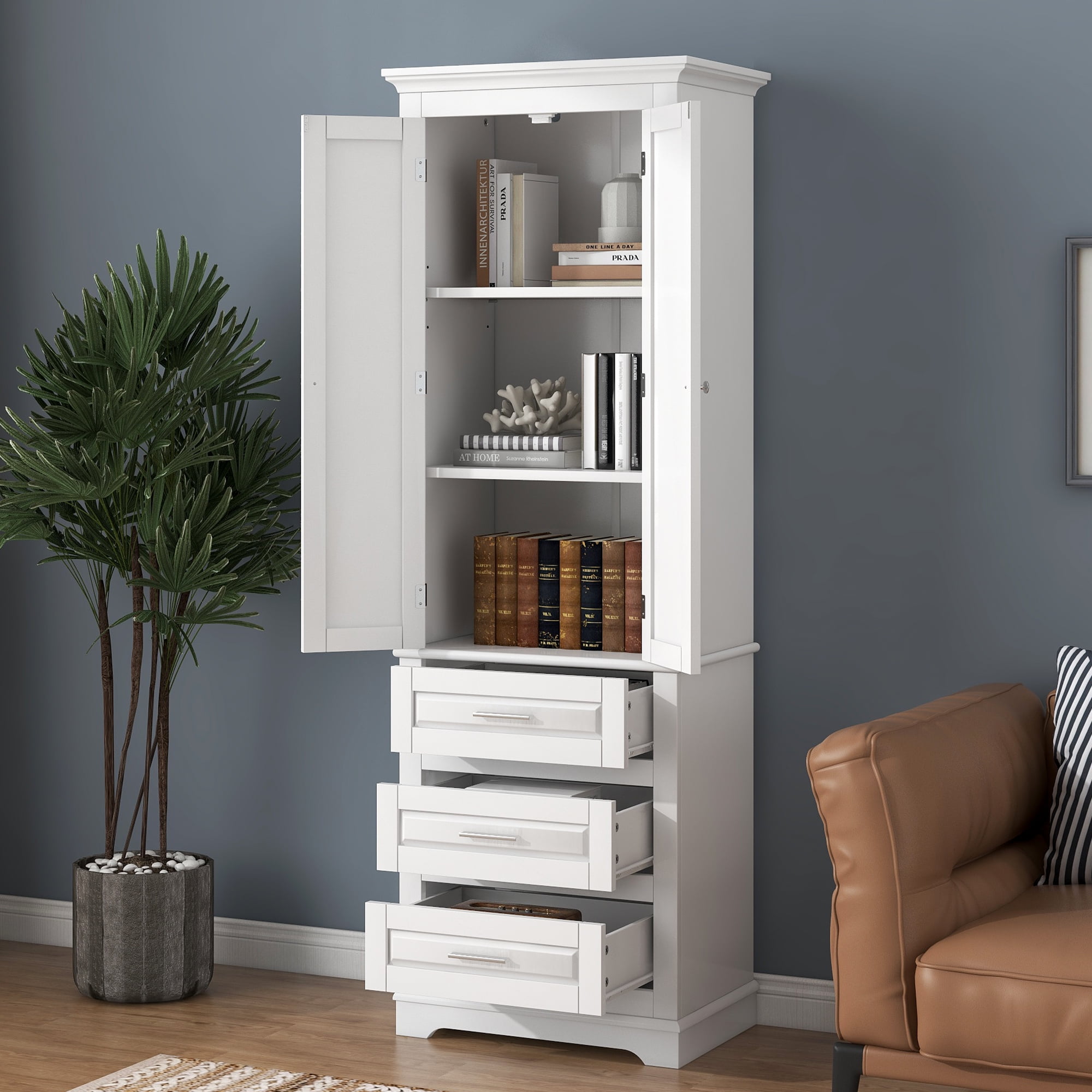 Harper & Bright Designs Tall Bathroom Storage Cabinet with Drawers and Doors, Modern Bathroom Floor Storage Cabinet with Shelf, White