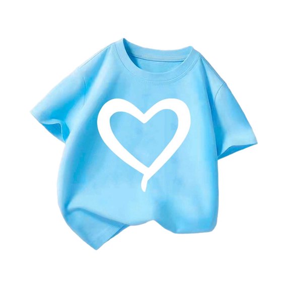 Ashyfjp Kids Casual Tops Solid Color Short Sleeve Crew Neck T-Shirt with Lovely Outline Heart Print Comfortable Relaxed Birthday Outfit