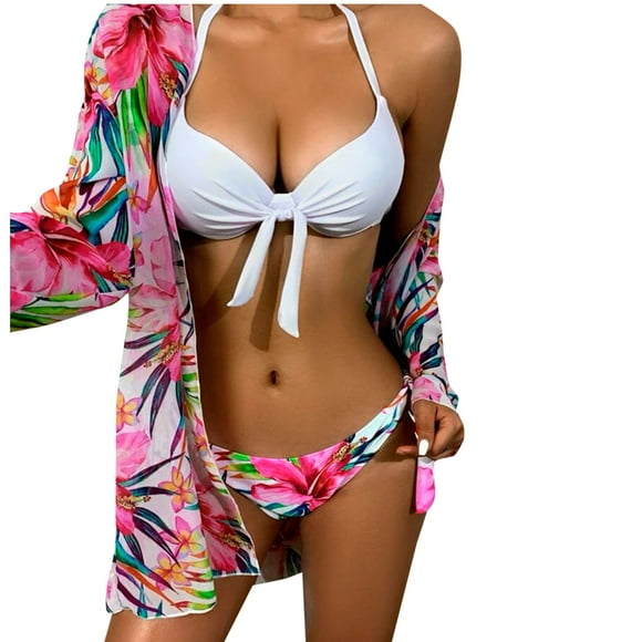 PMUYBHF Female High Waisted Swimsuit set Women Low Waist Bikinis 2024 3 Piece Prints Bikini set Cover Up Swimsuit for Women Long Sleeve Push Up Swimwear Beach Wear Bathing Suit F XL