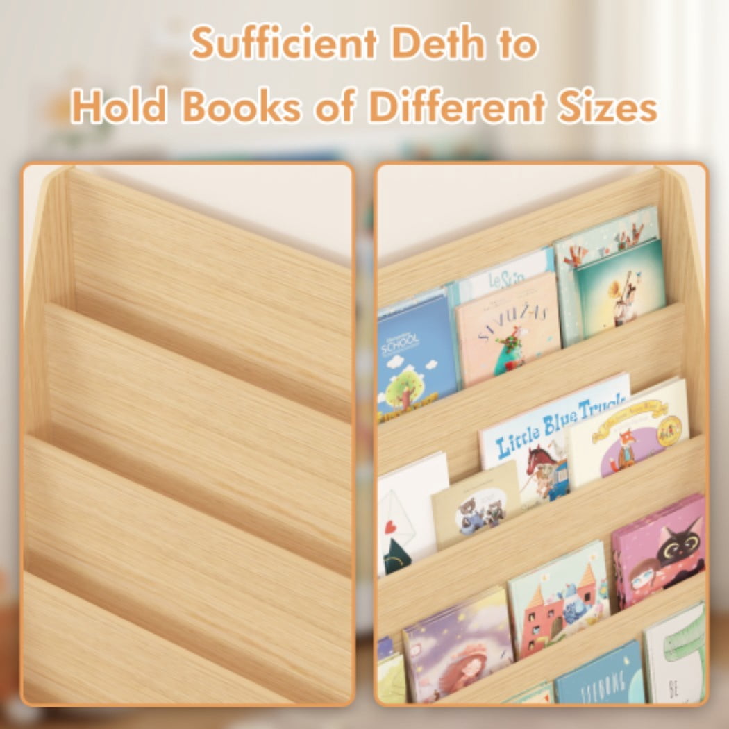 4-Tier Kids Bookshelf, Toddler Book Display Shelves, Wooden Children's Bookcase with Open Storage, Rounded Edges & Tip-Over Restraint for Bedroom, Playroom & Classroom, Neutral