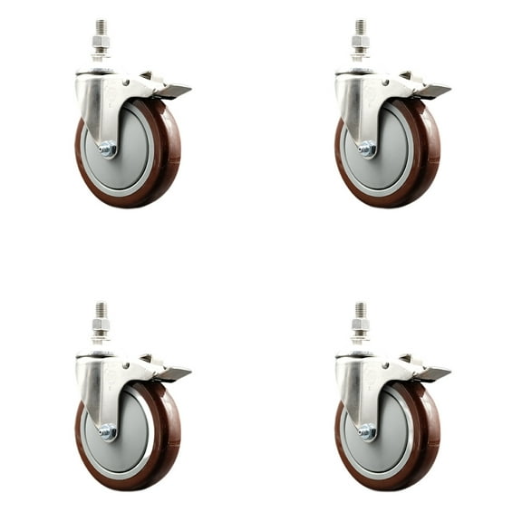 5 Inch 316SS Maroon Polyurethane Wheel Swivel ½ Inch Stem Caster Set Lock Brake