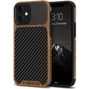 TENDLIN Compatible with iPhone 12 Case/iPhone 12 Pro Case Wood Grain with Carbon Fiber Texture Design Leather Hybrid