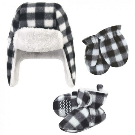 UPC: 0660168593846 | Hudson Baby Unisex Baby Trapper Hat  Mitten and Bootie Set  Black White Plaid  18-24 Months