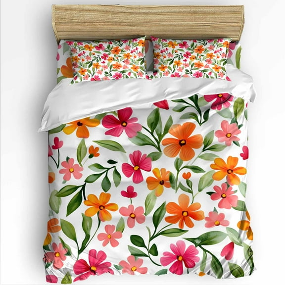 Orange Flower Twin Size Comforter Set, Spring Watercolor Floral Leaf Country Soft Bedding for All Seasons, 4 Pcs Bed Set with 1 Comforter (68"x86") ,1Sheet(66"x116"), 2 Pillowcases (19"x29")