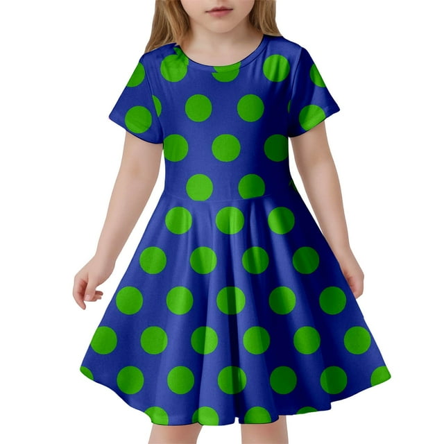 Robes pour Bébé Fille Robe d'Été à Pois Ajustée Douce Respirante à Manches Courtes Décontractée Robe pour Tout-Petit Bleue 4 Ans-5 Ans