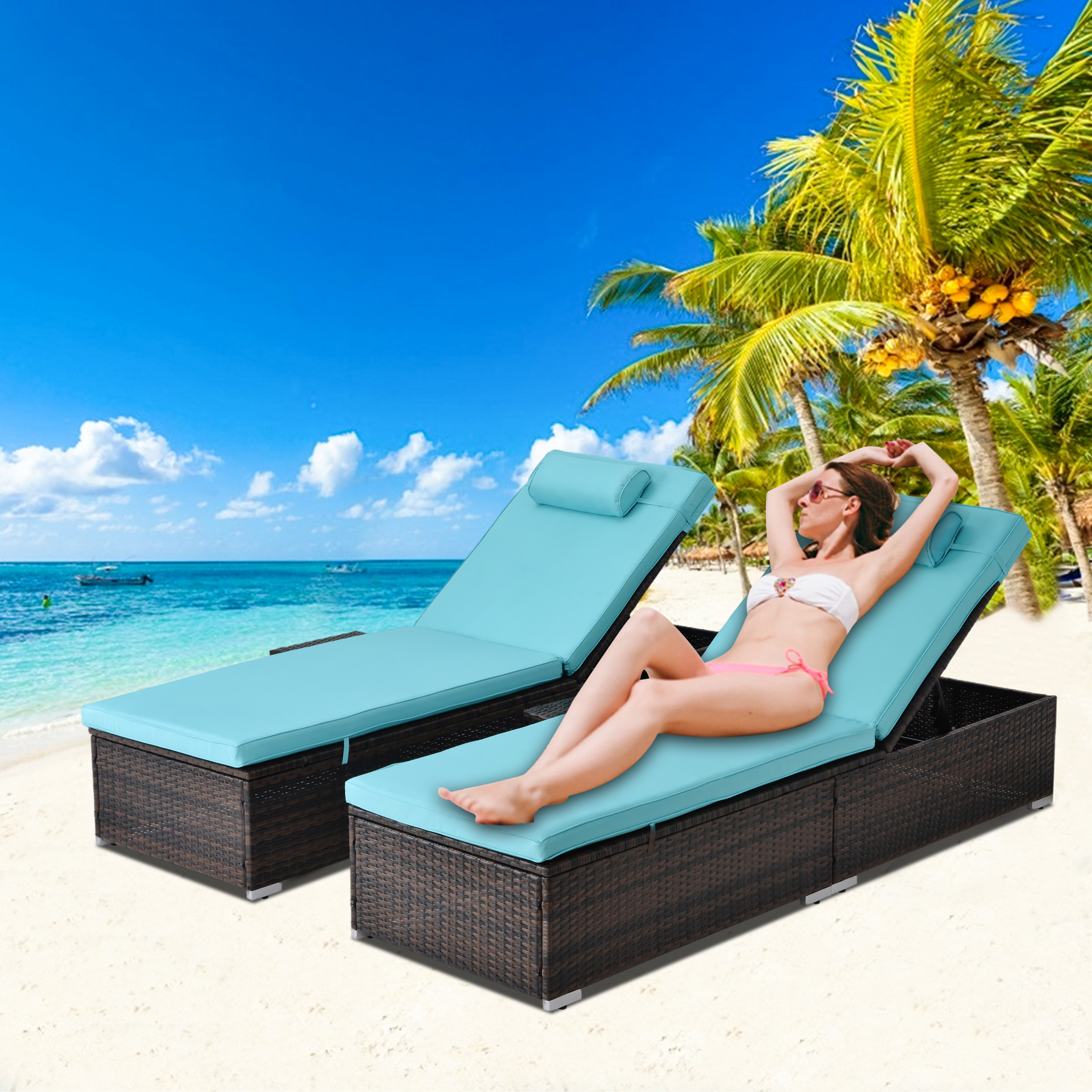 Segmart Outdoor Patio Chaise Lounge Chairs Furniture Set, PE Rattan Wicker Beach Pool Lounge Chair with Side Table, Adjustable 5 Position, Reclining Chaise Chairs, Blue, SS2344 - image 1 of 8