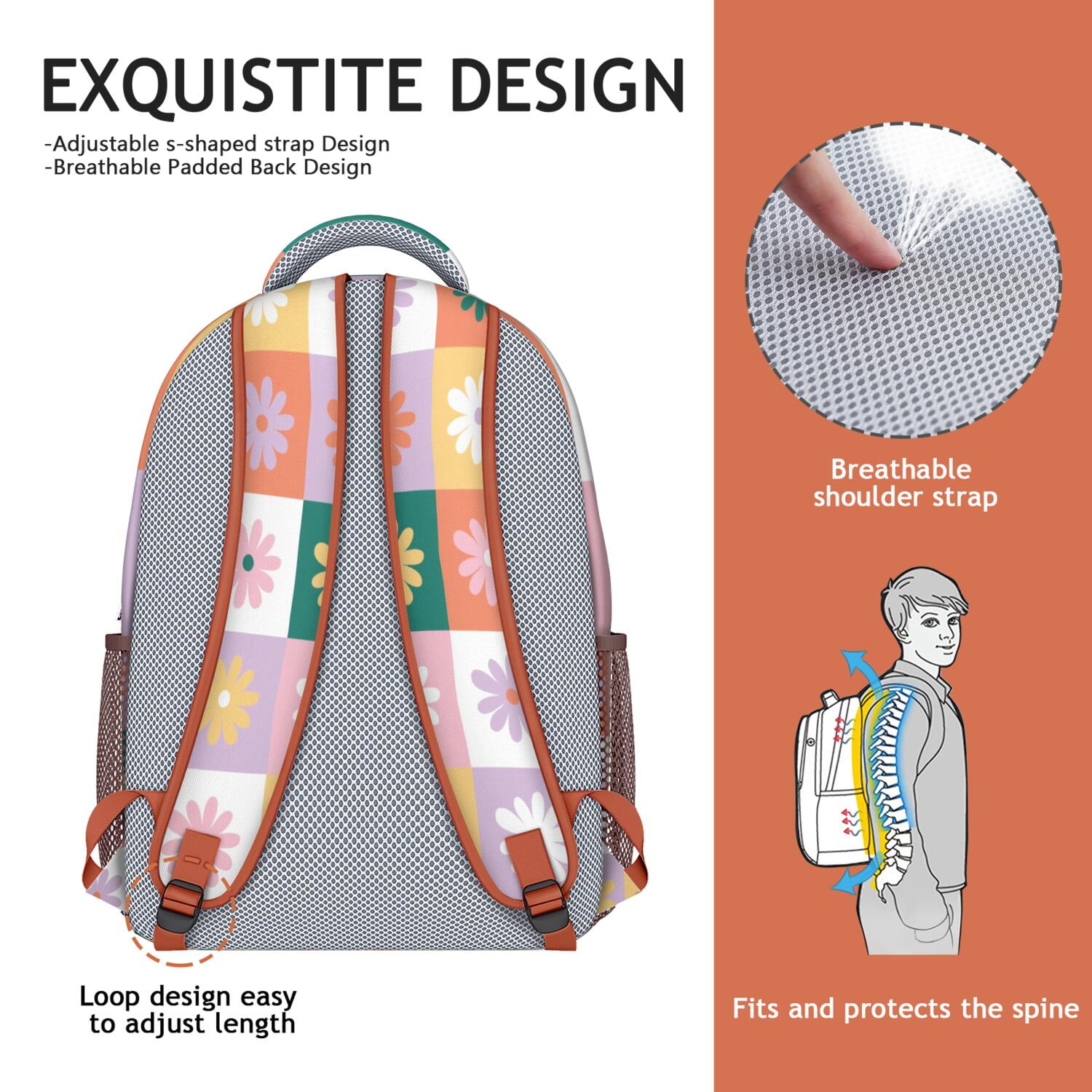 Retro Daisy Graphic School Backpack - Waterproof Exterior & Spacious Organized Storage