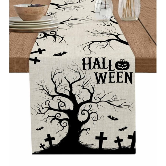 Halloween Table Runner 70 Inches, Spooky Pumpkins Halloween Horror Bat Tree Bed Runner Dresser Scarves Tabletop for Indoor Outdoor Parties/Ceremony/Banquet, 13" x 70"