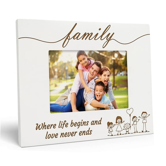 Darling Souvenir Made With LoveEngraved Table Top Photo FrameWooden Family Where Life Begins & Love Never Ends Quotes White Picture Frame Gift For Family, 4x6 Photo Size Horizontal