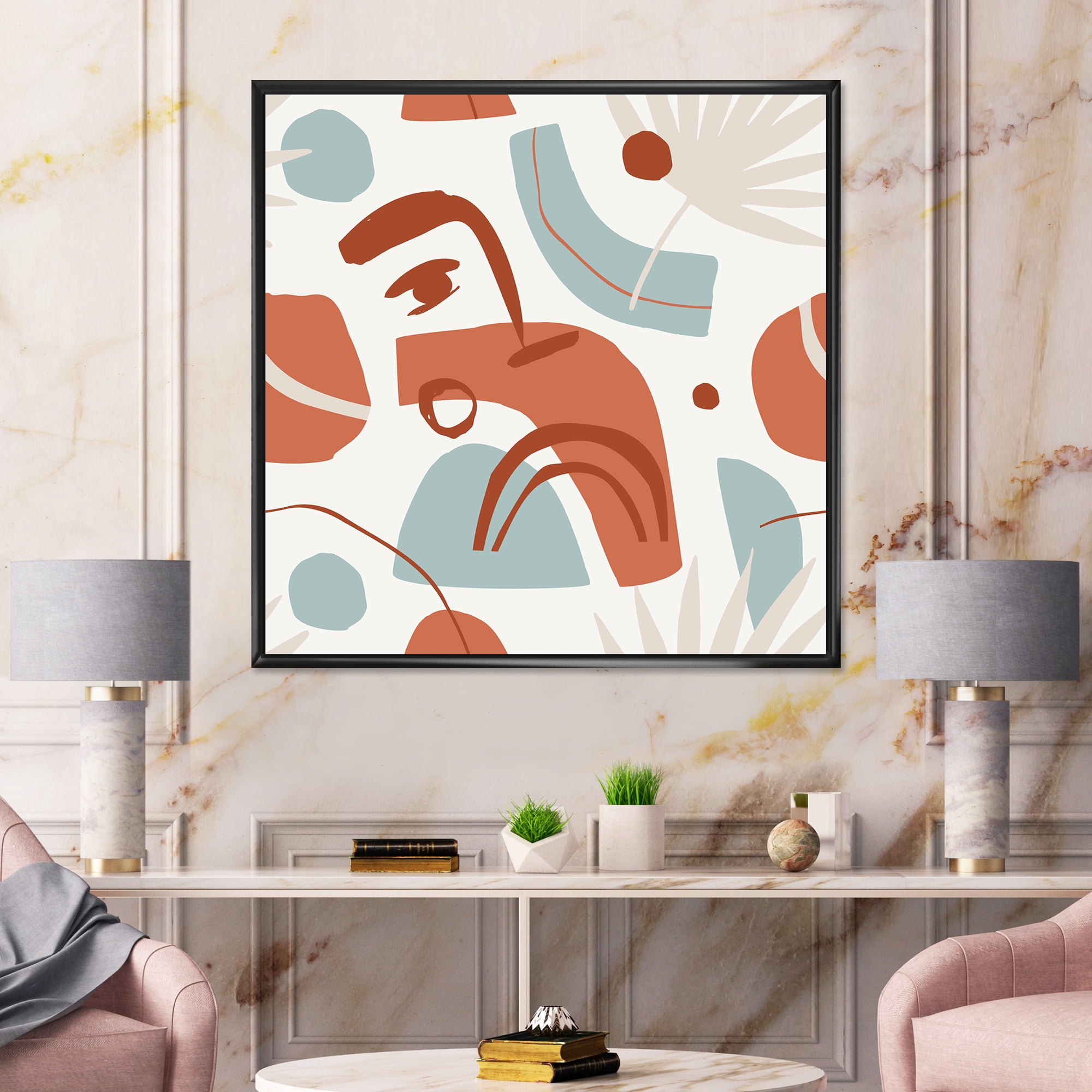 Designart 'Tropical Palm Leaves With Geometrical Shapes' Modern Framed Canvas Wall Art Print