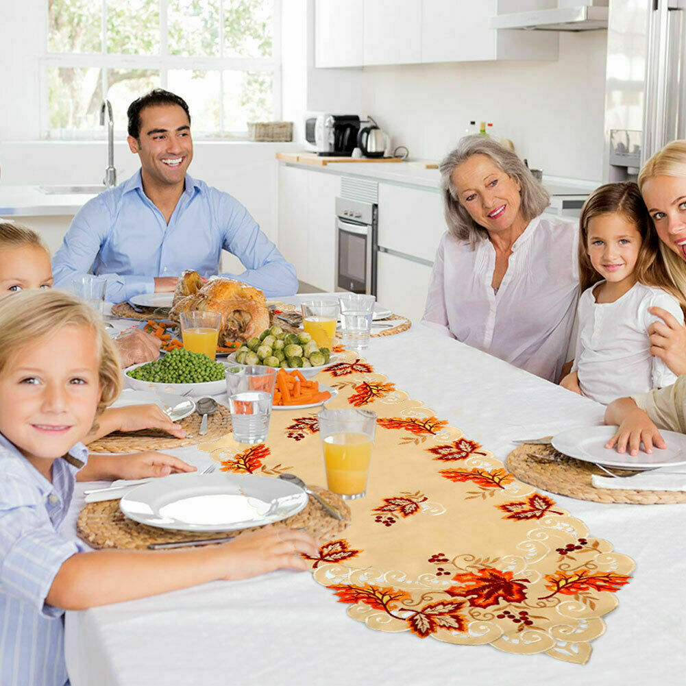 Coolmade 67 x 15 Inch Embroidered Maple Leaves Table Runner, Handmade Table Cover for Fall and Thanksgiving Party Decoration