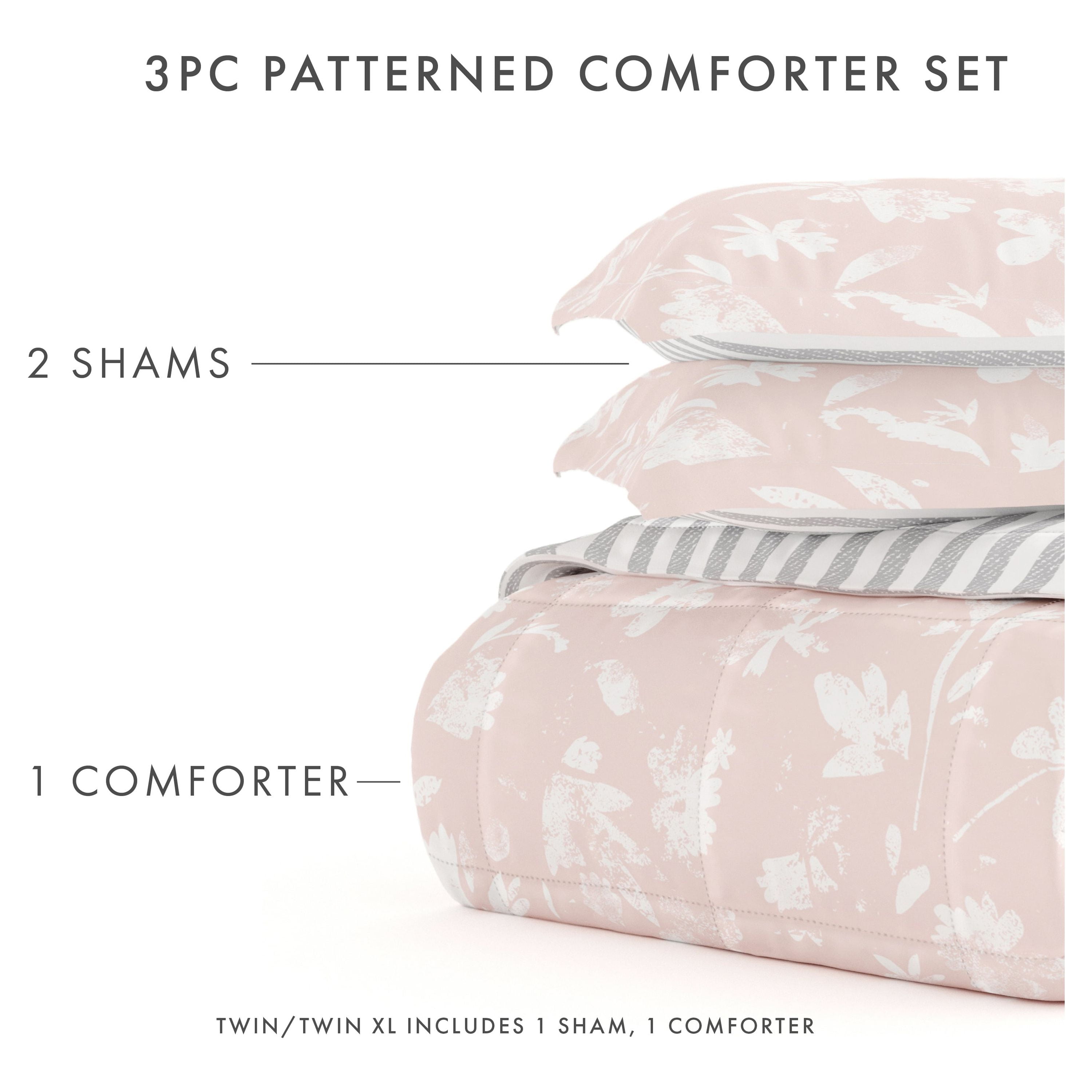 Noble Linens 2-Piece Pink Pressed Flowers Reversible Print Comforter Set, Twin/TwinXL
