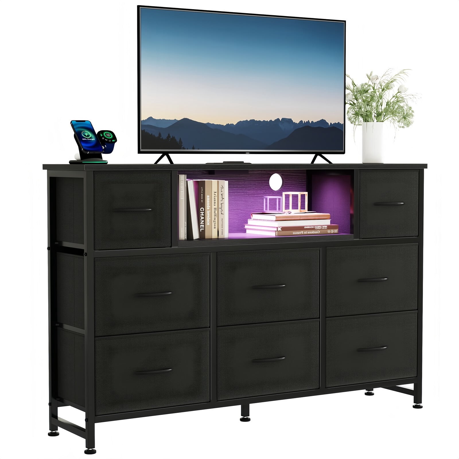 Kelno TV Stand Dresser with 8 Fabric Drawers Open Shelf LED Lights AC USB Charging Station, Black