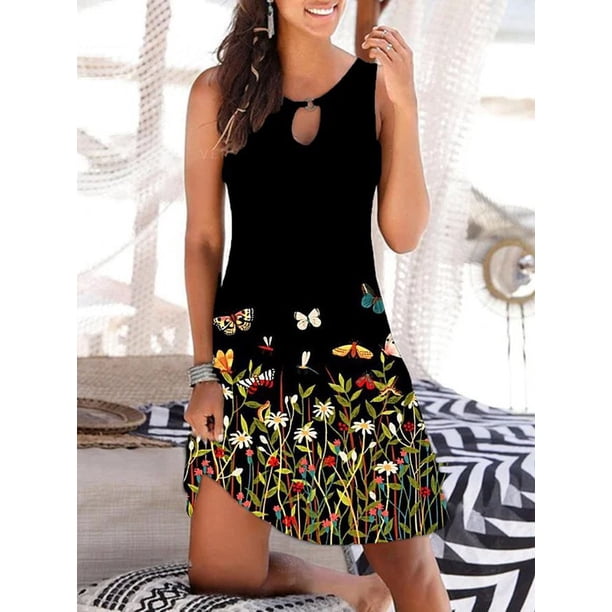 Estampado de moda cuello redondo vestido sin mangas vestido delgado mancha Irfora Flor amarilla M