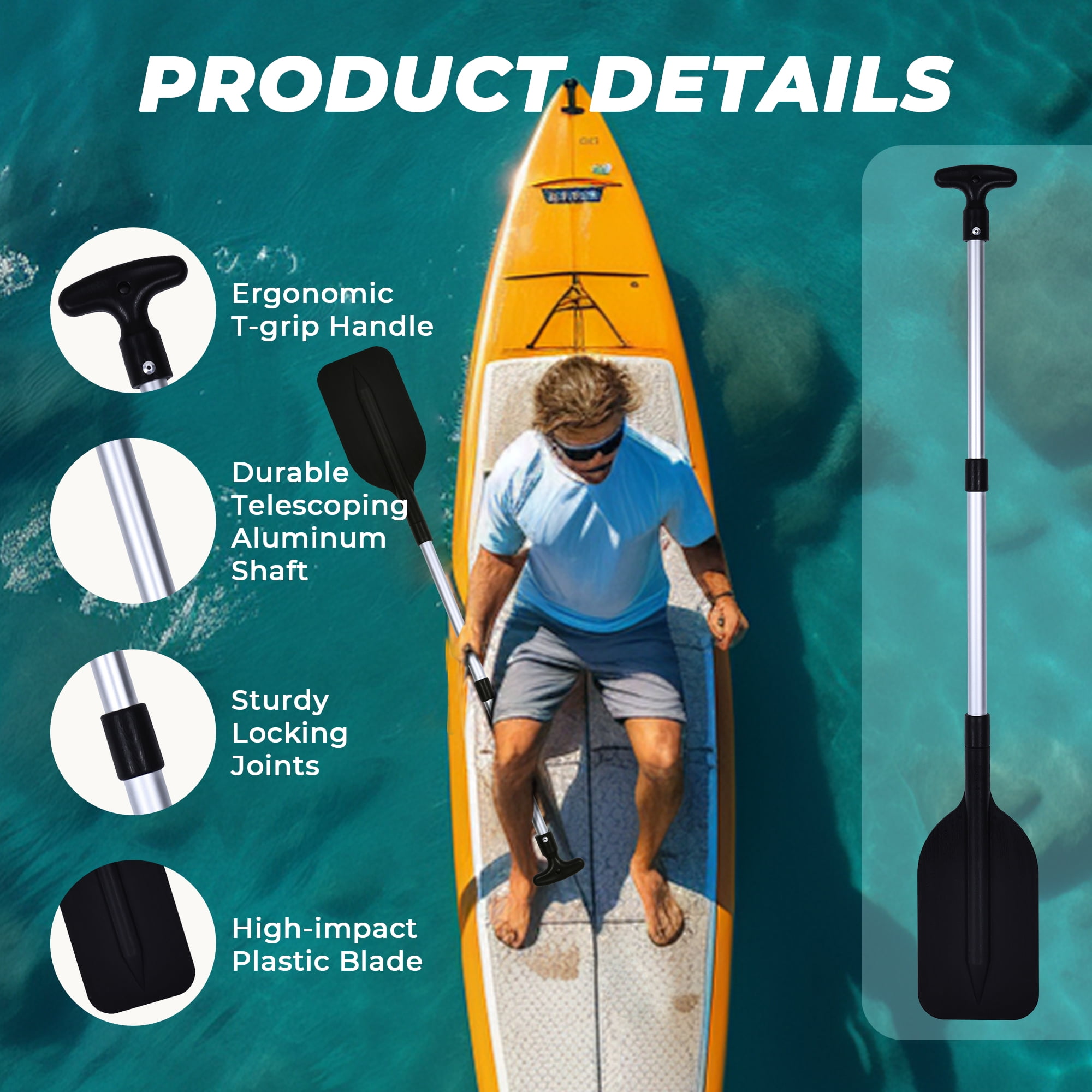 Kayak Paddle, HDJ 2Pcs Boat Paddles Telescoping Emergency Oar for Boat, 42" Adjustable Anti Slip Aluminum Plastic Canoe Paddles, Black