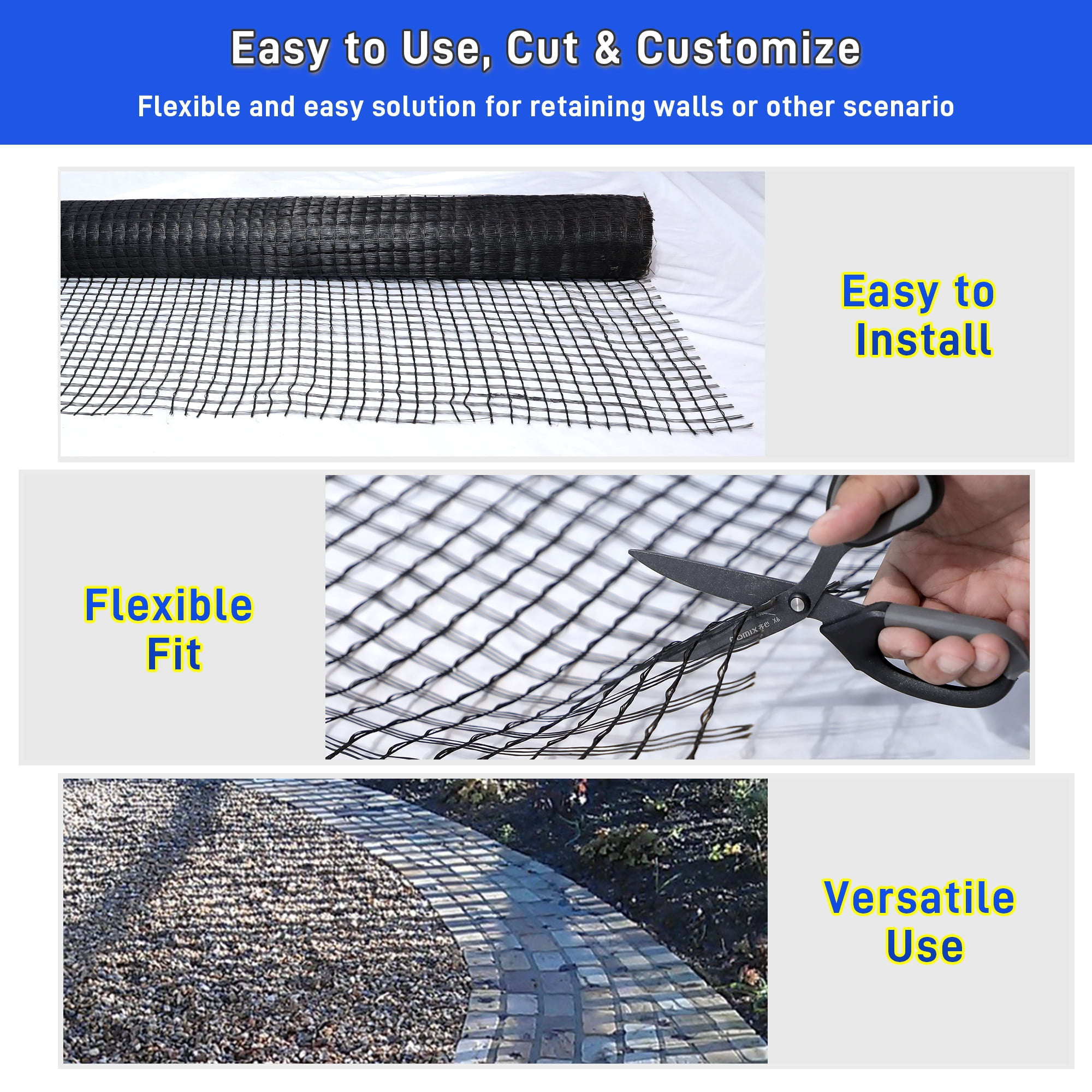 Universal Geogrid Roll Retaining Wall Fiberglass Geogrid, 3.84ft x 164ft 50KN Tensile Strength Driveway Ground Gravel Grid with Mounting Screws for Asphalt Pavement and Soil Road Slope Reinforcement