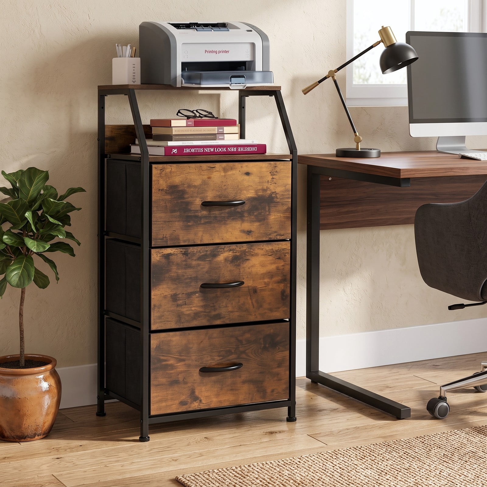 Furnibear 3-Drawer Freestanding Dresser with Open Wooden Top Shelf and Sturdy Steel Frame for Bedroom Living Room and Office, Rustic Brown